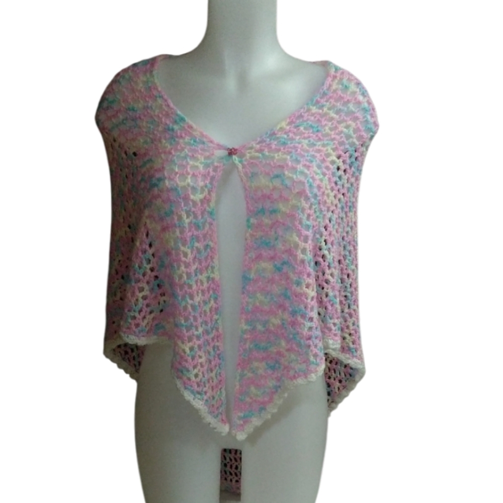 Pink and Blue Open-Knit Shawl with Knit Texture Hand Made